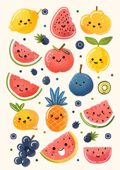 set of tender fruits and vegetables, in watercolor, ideal for children's teaching
