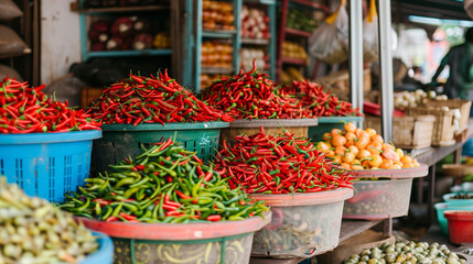 Fototapeta premium At an Asian market, red and green peppers are sold, displayed in large plastic baskets. Other vegetables and products are visible around