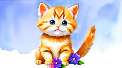 Fototapeta premium Little ginger kitten with flowers in its paws, space for text 