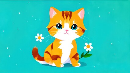 Little ginger kitten with flowers in its paws, space for text 