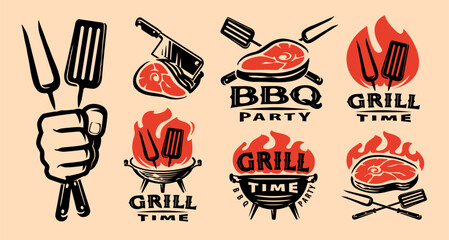 Barbecue grill labels, badges and design elements for restaurant menu. Bbq emblem set vector illustration