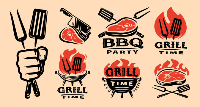 Barbecue grill labels, badges and design elements for restaurant menu. Bbq emblem set vector illustration