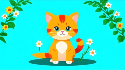 Fototapeta premium Little ginger kitten with flowers in its paws, space for text 
