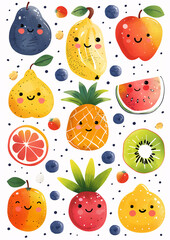 Fototapeta premium set of tender fruits and vegetables, in watercolor, ideal for children's teaching