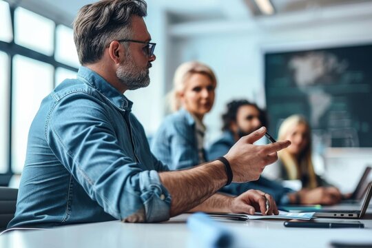 Group of office workers engaged in a meeting, with a man presenting ideas while holding a pen, dressed in casual attire, capturing a collaborative and professional atmosphere in a conference room.