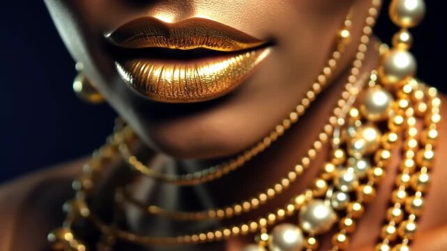 Jewelry fashion woman in luxury creative golden pearls jewels, glamour female african American model with beauty face makeup wearing expensive gold stylish Jewelry on black background.