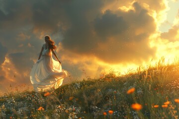 woman in flowing white dress running on a wind swept hill with wildflowers in summer sunset