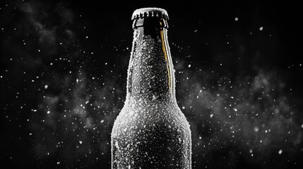 Lots of white frost on a beer bottle on a clean black background.