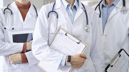 Group of doctors wearing white coats and stethoscopes standing with clipboards. Medical team at work