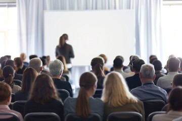 Obraz premium Large audience in an auditorium listening to a speaker on stage with a white screen and light background, viewed from behind, ideal for business presentations or conferences.