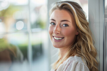 Fototapeta premium Close-up portrait of a smiling blonde businesswoman in casual attire standing by a window with a blurred background, high-detail image with cinematic lighting and ample copy space for concept banners.