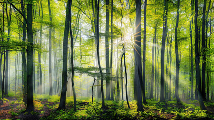 Obraz premium Panoramic view of a vibrant spring forest with sunlight filtering through tall tree trunks and green foliage, showcasing a serene natural landscape.