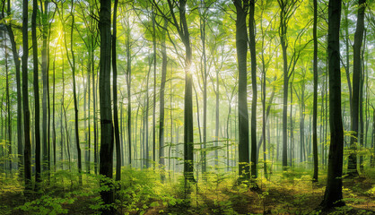 Fototapeta premium Panoramic view of a vibrant spring forest with sunlight filtering through tall tree trunks and green foliage, showcasing a serene natural landscape.