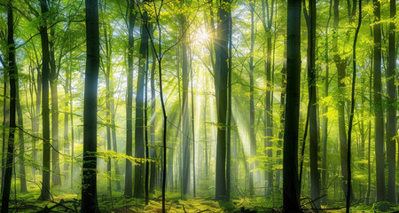 Fototapeta premium Panoramic view of a vibrant spring forest with sunlight filtering through tall tree trunks and green foliage, showcasing a serene natural landscape.