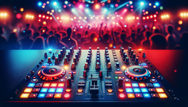 A vibrant DJ booth with a mixboard glowing in neon lights sets the stage for an energetic crowd that captures the essence of nightlife. 