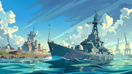 Obraz premium A vibrant digital artwork of a warship docked at a busy port with cranes and cargo ships against a backdrop of stylized clouds.