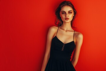 Fototapeta premium Young Beautiful woman, black dress, red background, slim and toned body