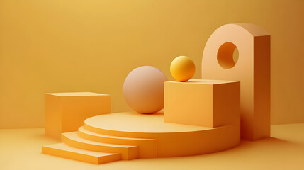 Abstract yellow geometric shapes with a round platform and a ball on top.