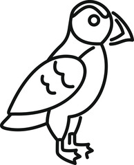 Black and white line drawing of an atlantic puffin bird standing in profile