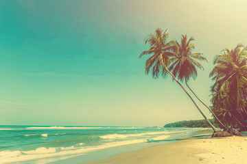 Tropical beach with palm trees under a clear blue sky, vintage filter effect with sunlight rays, capturing a retro summer vacation vibe, ideal for travel posters and postcards.