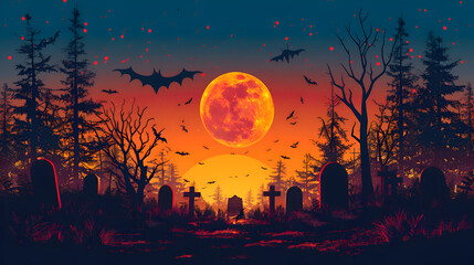 A Halloween card with a spooky graveyard scene and tombstones