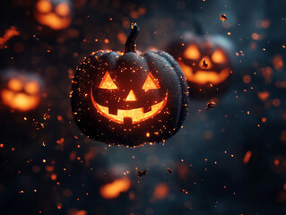 Fototapeta premium Glowing jack-o'-lanterns illuminate a dark forest during Halloween night celebration