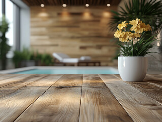 Modern indoor pool area with wooden floors and potted yellow flowers in a serene setting