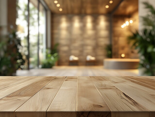Modern interior of a stylish lounge with wooden flooring and plants in a well-lit space