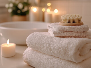 Relaxing spa setup with soft towels, a bamboo brush, and candles near a serene bathing area