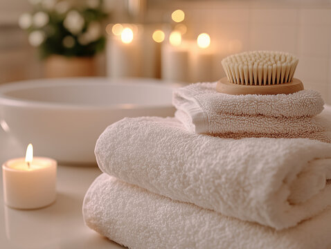 Relaxing spa setup with soft towels, a bamboo brush, and candles near a serene bathing area