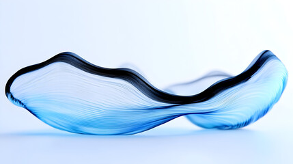 An elegant, flowing glass sculpture in shades of blue and black, showcasing artistic design.