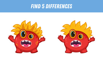 Find 5 differences between two pictures of funny red monster. Cute alien. Vector illustration