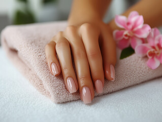 Well-manicured hands resting on a soft towel with floral accents in a serene spa setting
