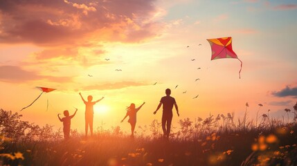 happy family,family playing kites in the afternoon