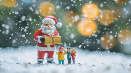 Miniature Santa with gifts for a happy family, Christmas concept.