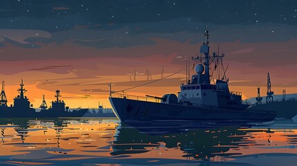 Fototapeta premium A vibrant digital artwork of a warship docked at a busy port with cranes and cargo ships against a backdrop of stylized clouds.