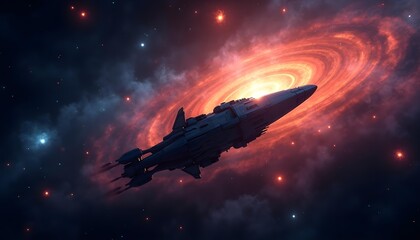 Obraz premium A large spaceship flying through a colorful, nebulous space environment with glowing stars and celestial phenomena in the background