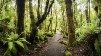 Obraz premium Lush greenery and tall trees surrounding a serene forest path with a mystical atmosphere.