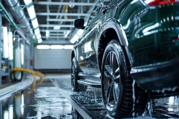 washing green SUV car at automatic car wash