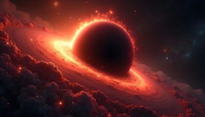 A massive red and orange planet or celestial body surrounded by swirling clouds and glowing energy, set against a dark background