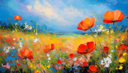 Obraz premium Oil painting of beautiful wild flowers, blue sky. Colorful brush strokes. Abstract floral