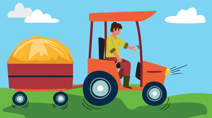 Naklejka premium Man driving a tractor, hauling hay on a sunny day in a vibrant rural landscape.