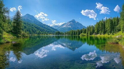 Serene mountain lake with clear water and forest, reflecting the sky and clouds on a sunny day.
