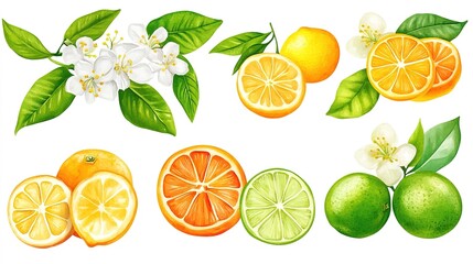 Citrus fruit collection with blossoms and vibrant slices displayed artistically
