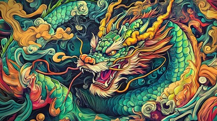 Fototapeta premium A vibrant dragon surrounded by swirling clouds in a fantastical natural setting