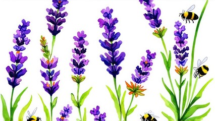 Obraz premium Watercolor botanical illustration. Seamless banner with purple lavender wildflowers and bumblebees.