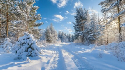 Fototapeta premium Snow-covered forest path under a bright blue sky with clouds. Trees are layered with snow creating a serene winter scene.