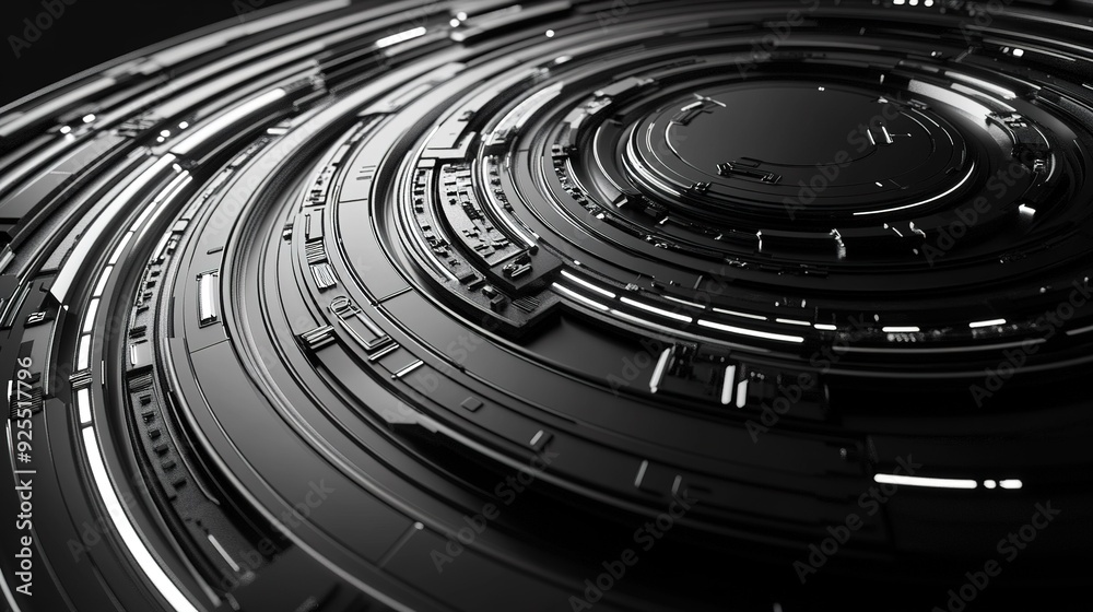 Poster Abstract black circular design with illuminated lines showcasing futuristic patterns and depth