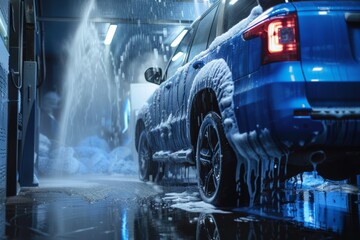 washing blue SUV car at automatic car wash