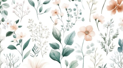 Soft floral pattern featuring pastel flowers and greenery on a light background